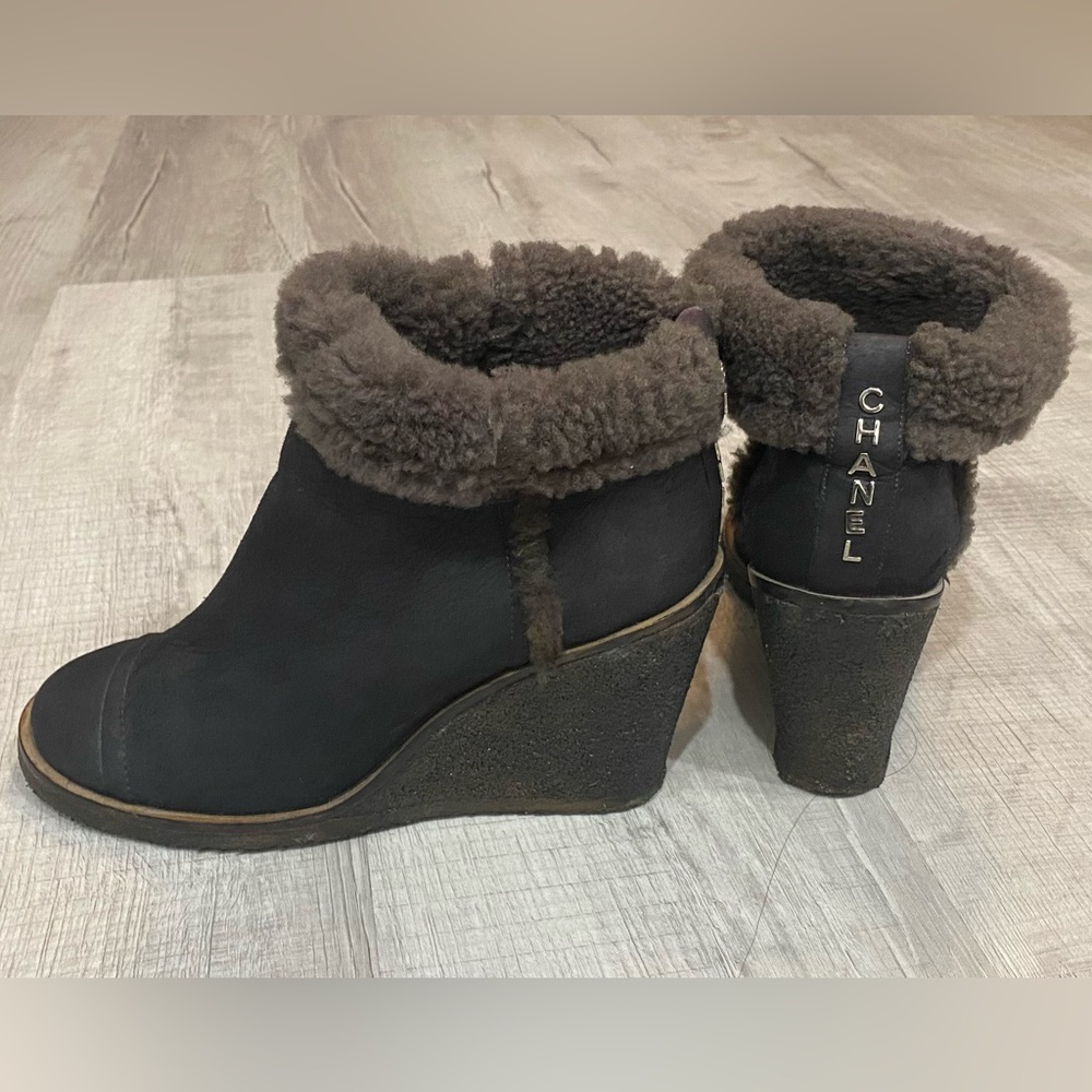 Chanel shearling wedge boots